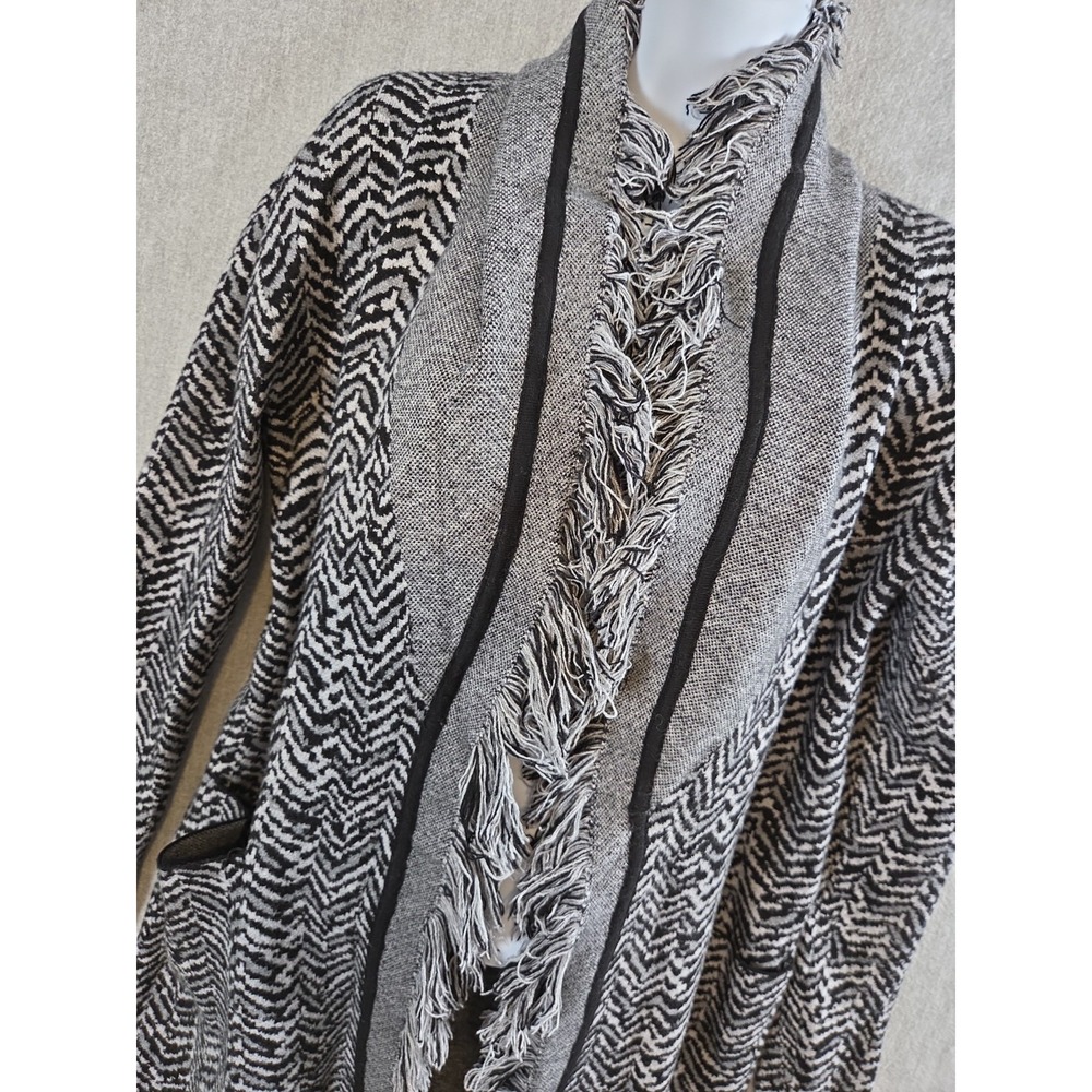 Nicole Miller XS Black Gray Chevron Zebra Cardigan Sweater Fringe Shawl Collar